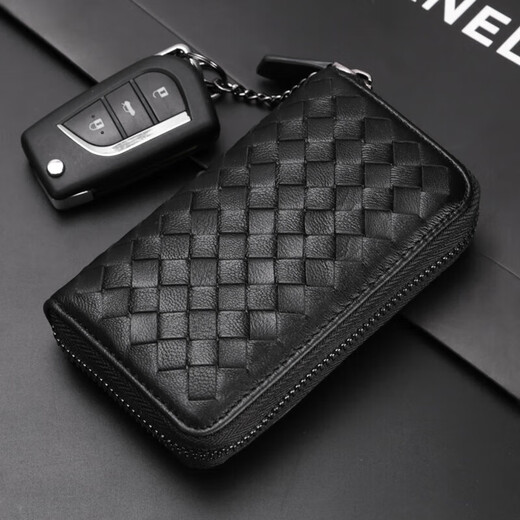 Geflochtener Autoschlüsseltasche für Männer mit echtem Leder Textur Key Deckung für Frauenkartenbeutel große Kapazität Reißverschluss Schloss Zugang Schnalle Schwarz