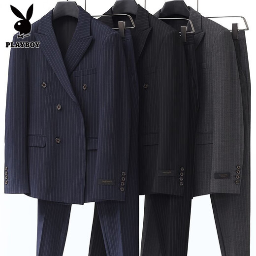 Playboy (PLAYBOY) striped suit suit men's business formal two-piece suit British trend Korean version slim small suit professional dress navy blue double-breasted suit + trousers S /46