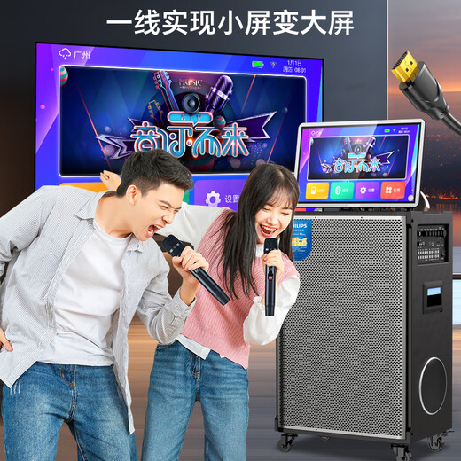Philips (PHILIPS) 15-inch super bass outdoor audio large screen with sound card all-in-one KTV karaoke machine trolley speaker dual power supply/Bluetooth display lyrics 4 microphones