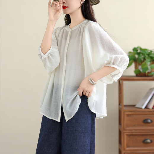 
Jiandang large-size women's fat MM summer new French retro slightly transparent solid color slim and versatile versatile trousers shirt for women 6169 off-white L [120-140Jin [Jin equals 0.5 kg]]