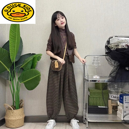 G.duck bombs the street parent-child clothing, mother and daughter clothing, spring and autumn loose-fitting suits, stylish vest, bottoming shirt, T-shirt, plaid pants, three-piece trendy vest + bottoming shirt + pants 165 Adult S size recommended weight 98-110 Jin Jin is equal to 0.5 kg Left