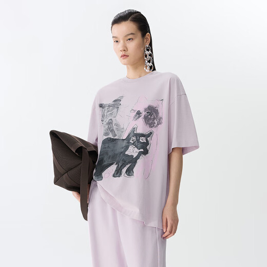 Jiangnan Buyi (JNBY) [same style in the mall] 25 Spring New T-shirt for Women's Fun Cat Print Loose Round Neck Middle Sleeve 5P2112550 671/Gray Powder M