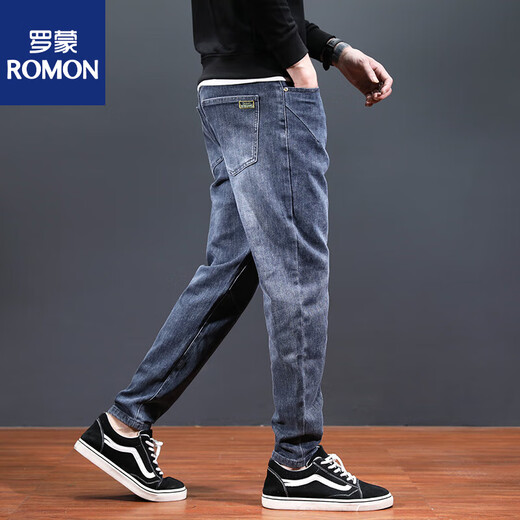 Romon Pants Men's Deal Brand 2025 Summer Fin Jeans Fashion Mass's Fashion Straight Fashion Harem pantalones Black and Gray (RJS1-2209) 34 (Espera circunferencia 2 pies 7)