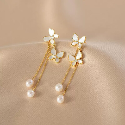 Feiyu S925 Silver Needle Silver-plated Super Fairy Butterfly Tassel Earrings Two-Wear Long Pearl Earrings Light Luxury Style Gold-Silver-Plated Needle Butterfly Tassel Earrings
