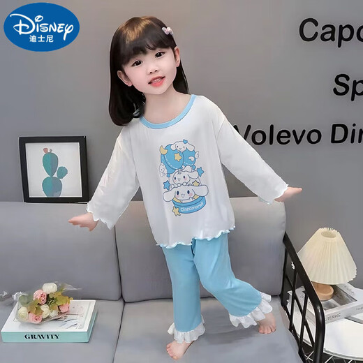 Disney children's pajamas girls spring and autumn summer long-sleeved pure cotton thin set girl baby cartoon princess style home clothes long-sleeved cover K3527# blue egg 8 size height [95-105cm] single size