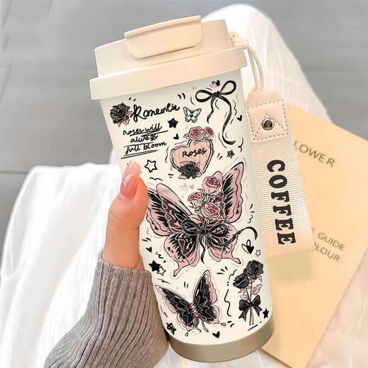 Chengliu Einfacher Schmetterling Thermosbecher Edelstahl tragbares Doppel-Getränk-Kaffeetasse 2025 Neue Frauenstrohwasserbecher hochwertiger BW1049 Dunkelrosa Schmetterling A+ mit Lanyard 316 Edelstahl Stahl