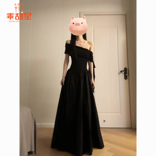 Good sweet star French temperament one-shoulder dress for women in 2025 summer new style slimming design black long skirt Ya black dance dress hot girl skirt S suggestion [80-95Jin [Jin equals 0.5 kg]]