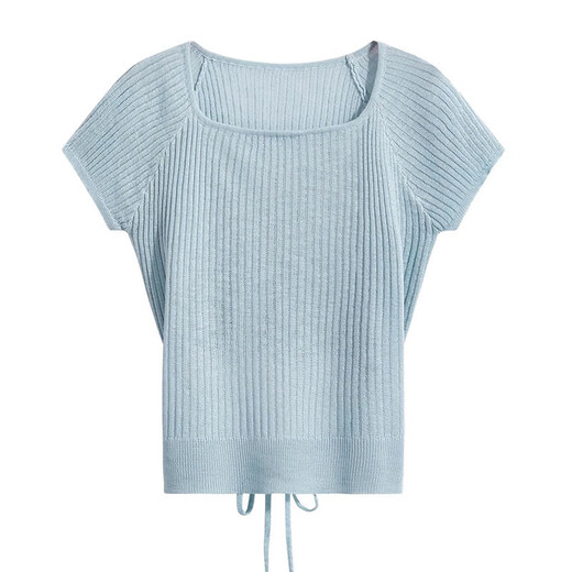 Ninggu Wei Korean style new summer ice silk strap short-sleeved sweater for women pure lust hot girl right shoulder design top apricot sweater one size