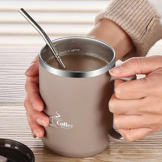 Procurement and sales recommendation 304 stainless steel mug with lid, anti-fall, household coffee cup, water cup, stainless steel straw, white, with stainless steel straw