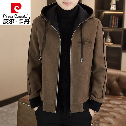 Pierre Cardin high-end woolen coat men's spring and autumn new casual hooded jacket men's winter short woolen coat khaki-regular-M76 XL