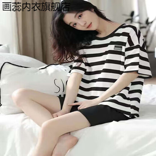 
Huarui 2025 new pure cotton pajamas for women in summer short-sleeved shorts pajamas stripes can be worn outside home clothing suit 9855 (set) without chest pads. M size recommended to wear 80-100 Jin [Jin equals 0.5 kg]. All size