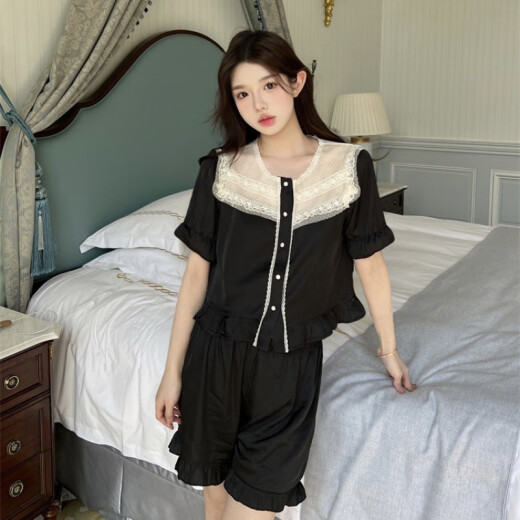 赫本风冰丝睡衣女夏季短袖公主风甜美少女感蕾丝边家居服套装 13562黑色双短 M 建议80-100