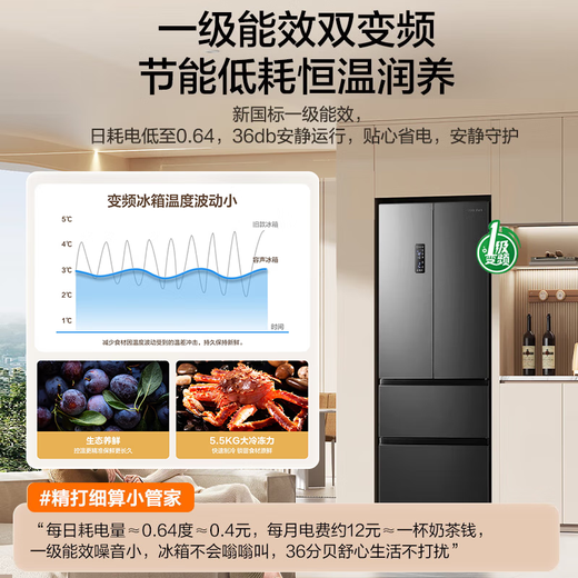 Rongsheng 325L French multi-door four-door double-cycle household refrigerator first-class energy efficiency variable frequency air-cooled frost-free ultra-thin small apartment maternal and infant space trade-in national subsidy air-cooled frost-free energy-saving refrigerator BCD-325WD18MP gray