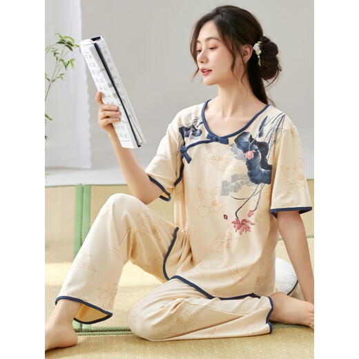Eaeovni Frauen kurzärmeligte Pyjama-Set-Sommer-Dünnhosen im Sommer. Neue Kleidung für die Nachahmung des chinesischen Stils kann außerhalb von LZY9905 m getragen werden (empfohlen 75-95jin [Jin entspricht 0,5 kg])