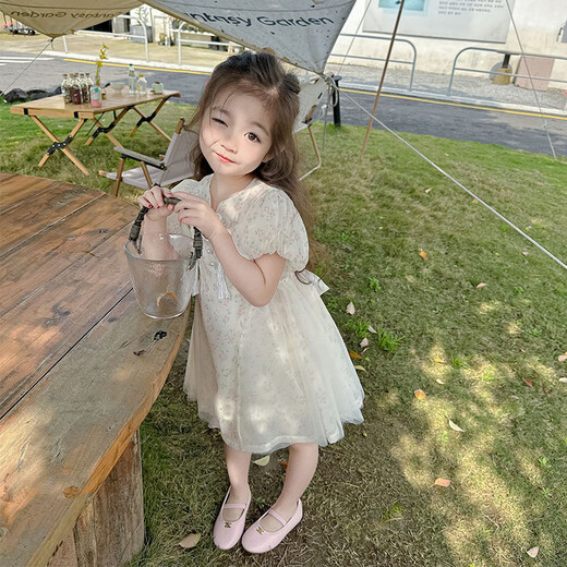 纷资言女童连衣裙2025新款宝宝旗袍夏季公主裙中式国风礼服夏装裙子 ZX6629米杏色 90