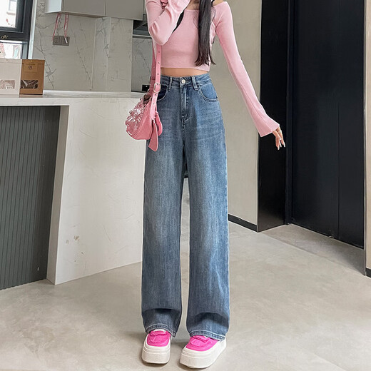 Retro Loose Wide-Bein-Jeans für Frauen 2025 Frühlings- und Sommer-Taschenschattenfarbe High-End-Casual Haos Nr. 9903 Nostalgic Blue Regular M (Empfohlen 95-110jin [Jin ist gleich 0,5 kg])