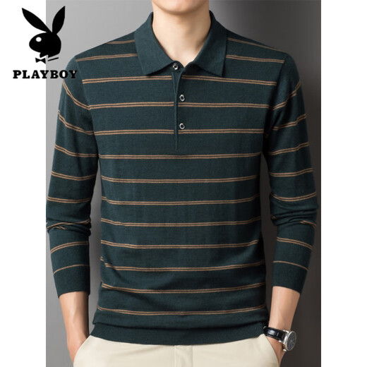 
Playboy (PLAYBOY) high-end men's daddy suit autumn and winter sweater knitted shirt polo lapel cardigan retro striped top dark green S5012 M (120Jin [Jin equals 0.5 kg])