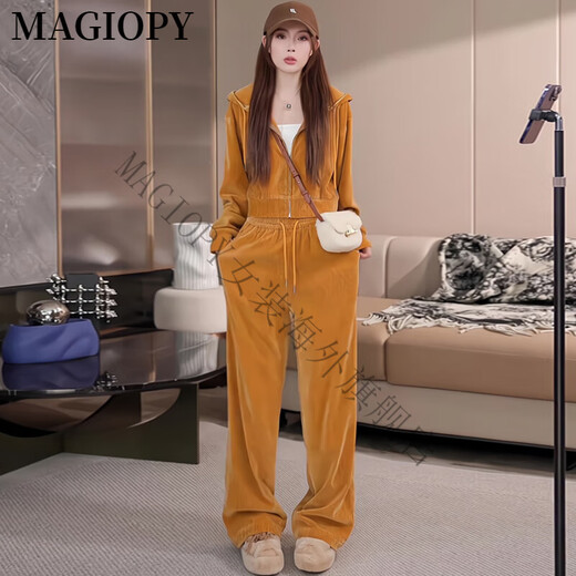 MAGIOPY国际奢侈高档品牌多巴胺休闲运动套装女春季2025新款洋气丝绒短款 桔色两件套 S(100斤以内)