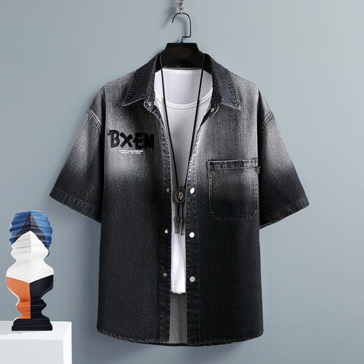 Woodpecker (TUCANO) summer denim short-sleeved shirt for men casual loose gradient work jacket thin five-point half-sleeved versatile shirt 10738-T698 black XL (about 130-150Jin [Jin equals 0.5 kg] wearable)