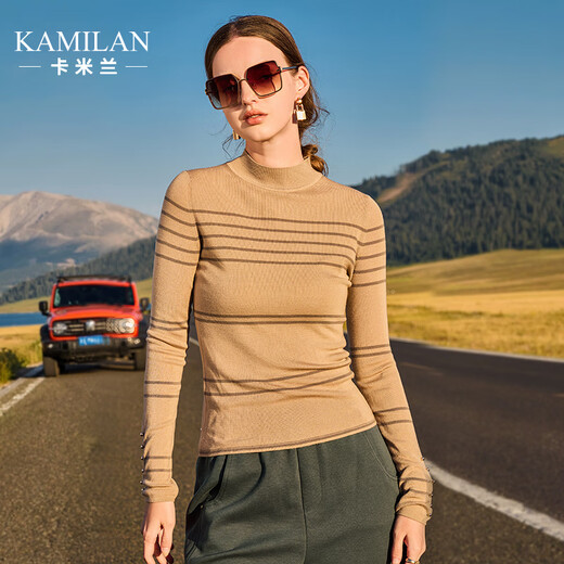 卡米兰（kamilan）长袖修身显瘦羊毛衫女2023秋季新款长袖条纹毛衣打底衫上衣 卡其色 S