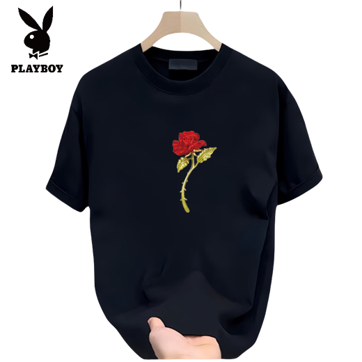 Playboy (PLAYBOY) short-sleeved T-shirt for men and women couples outfits trendy brand round neck printed T-shirt pure cotton simple loose versatile half-sleeved top summer black [front large picture K1049 single red rose S recommended 90-100 Jin [Jin equals 0.5 kg]