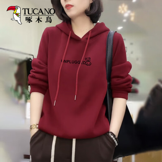Woodpecker más sudadera con capucha engrosada de terciopelo para mujeres en primavera, otoño e invierno de mediana edad de mediana edad de carne adelgazante de carne para adelgazamiento (agregando terciopelo) M _ Sugerada 80-95 Jin [Jin equivale a 0.5 kg]