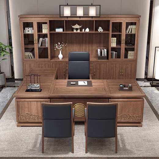 New Chinese style solid wood boss desk office desk file cabinet combination chairman's office executive desk general manager desk 1.8M boss desk North American ash wood