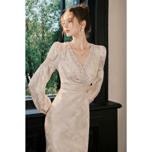 GJFD Sandalwood Snow French long-sleeved dress engagement light luxury fishtail elegant dress skirt Sandalwood Snow S