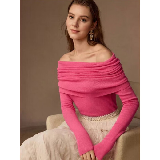 European and American cross-border spring and autumn wool off-shoulder sweater top for women slim solid color pullover one-length sweater base shirt rose red L
