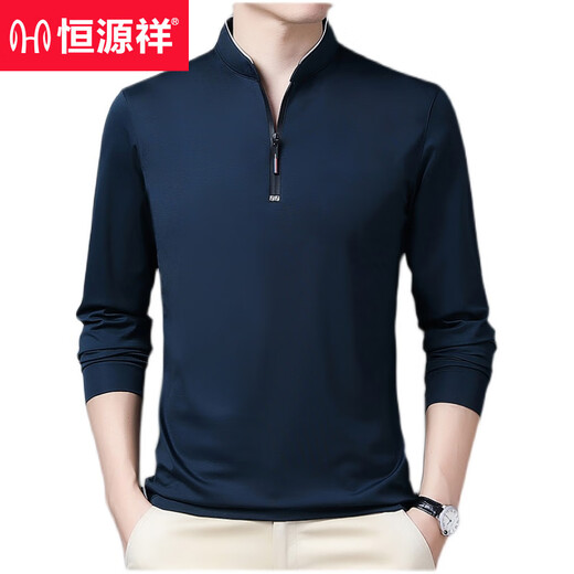 Hengyuanxiang pure cotton long-sleeved T-shirt men's casual thin T-shirt tops in spring and autumn middle-aged men's casual stand collar base shirt long-sleeved 6623 Baolan thin model M 165 suggestion 120 Jin [Jin equals 0.5 kg]
