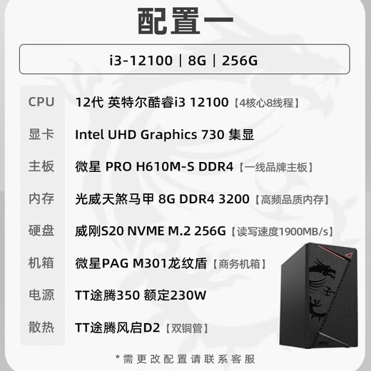 MSI Core i3 12100 DIY assemblé Desktop Home Office Game Design Compact Host Host Graphics Complete Machine Junior High School Information Test 12100 + 8G + 256G