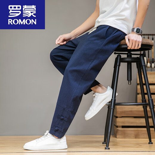 ROMON Chinese style folding linen men's pants summer loose harem pants Tang suit cotton linen casual pants straight trousers white [MK983 striped style] M -120Jin [Jin equals 0.5 kg]