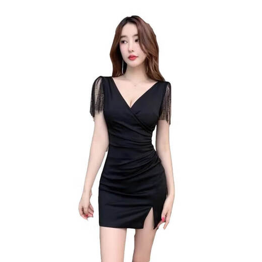 A 21 FUNB连衣裙女深V礼服足疗足浴技师工作服性感包臀上班衣服 3882黑色 M 建议95-105斤