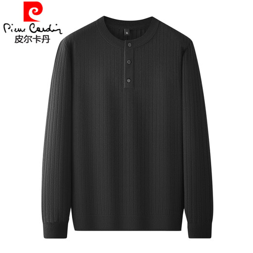 Pierre Cardin plus size men's henley collar long-sleeved sweater autumn and winter striped sweater men's large size loose sweater black XL (recommended 130-150Jin Jin equals 0.5 kg)