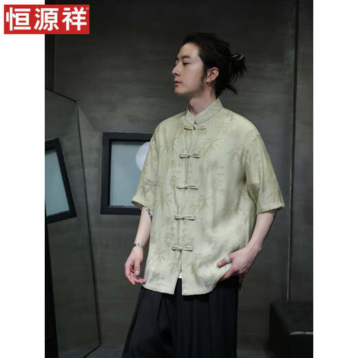 恒源祥夏季轻薄款短袖衬衫新中式古风盘扣唐装男装中国风竹叶上衣中山装 CS9898黑色 M