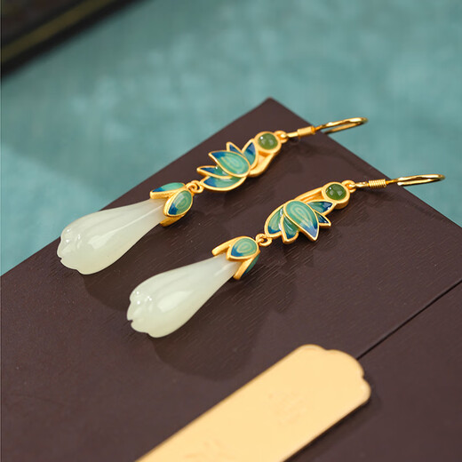 Little Silversmith Hetian Jade S925 Silver Magnolia Earrings Women's Enamel Lotus New Chinese Style Earrings Earrings Birthday Gifts