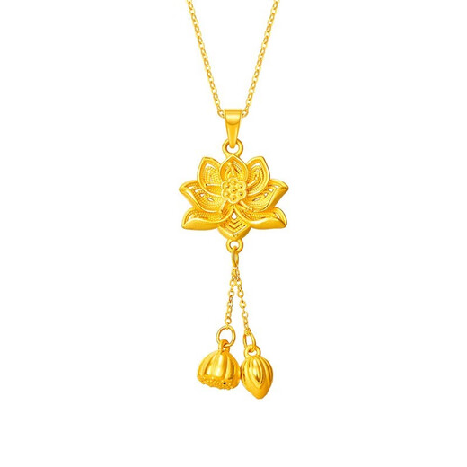 Ji Bochi pure gold-plated silver G24K yellow gold lotus pendant for women, ancient filigree lotus pendant for girlfriend, lotus pendant for two generations.