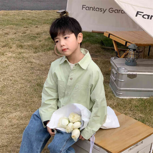 Children's clothing boys' contrasting line shirts 2025 new children's shirts spring and autumn styles for medium and large children long-sleeved trendy autumn tops green 130