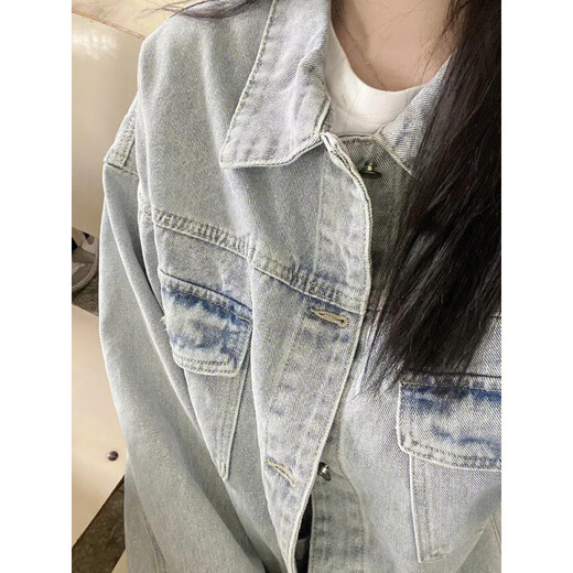 
GTYUWVG denim jacket female student Korean style loose casual denim clothes versatile niche large size women's light blue jacket 9926# blue L [Suggested 116-130Jin [Jin equals 0.5 kg]]