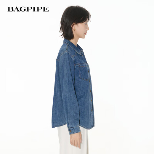 Bagpipe Bagpipe 2025 Autumn New Dark Blue Retro Denim Shirt Women's Layered Small Shoulder Soft Top Denim Lan M 160
