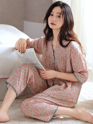莫代尔2025新款半袖长裤睡衣女夏季梭织布可外穿大码女士春秋款家居服 BH-9918 L [建议100-115斤]