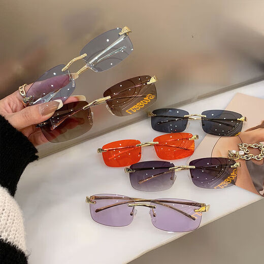 Lunettes de soleil, lunettes de soleil, nouveaux lunettes sans cadre à la mode, hommes et femmes, feuille gris à cadre en or européen et américain (Tissu miroir du sac en verre)