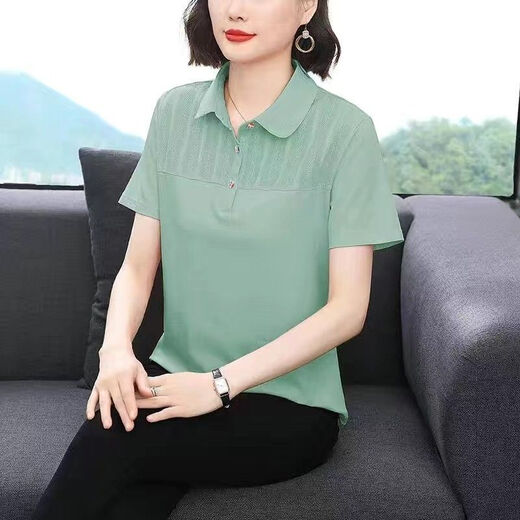 恒源祥（HYX）纯.棉中年妈M妈polo衫短袖女2025夏季新款洋气时尚大尺码女士T恤 豆绿色 2XL 120-130