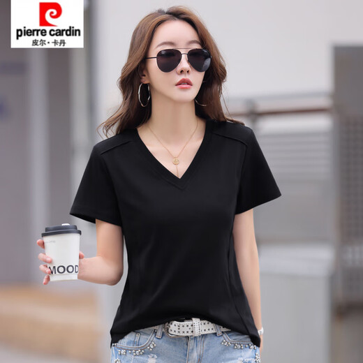 Pierre Cardin 2025 Neue Mode Casual V-Ausschnitt Pure. Baumwollschulter kurzärmeliges T-Shirt für Frauen im Sommer Korean New Lose Black Short Burgund (9855 Baumwolle) S 85-95jin [Jin entspricht 0,5 kg]