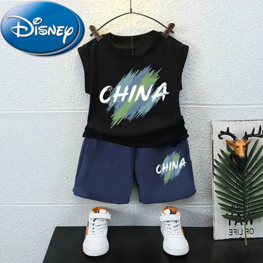迪士尼（Disney）男童纯棉无袖坎肩背心套装外穿夏季薄款炸街中大童短裤两件 白色背心T1049+黑短裤T1049 90 cm建议身高CM以b