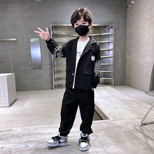 G.DUCKKIDS童装男童西装套装韩版男孩春秋帅气休闲外套儿童西服礼服两件套潮 黑色 130 (建议身高120cm 8-9岁左右)