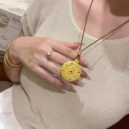 Vietnamese Sand Gold Eight Treasures Compass Necklace for Men and Women, Ancient Heritage Pendant, Gold Braided Rope Fu Brand Sweater Chain, Eight Treasures Compass + Brown Ruyi Rope, Gift Box Style