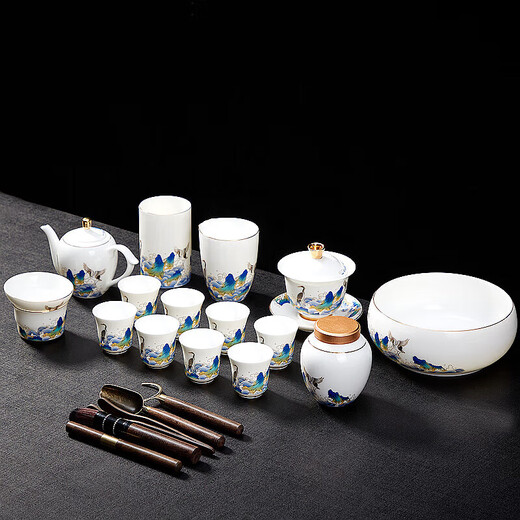 Xianjuren high-end gold silk enamel complete set of Kung Fu tea set thin body mutton fat jade white porcelain tureen tea cup set light luxury gift box Haiwen Crane Tea Ceremony Gift Pack 15 pieces