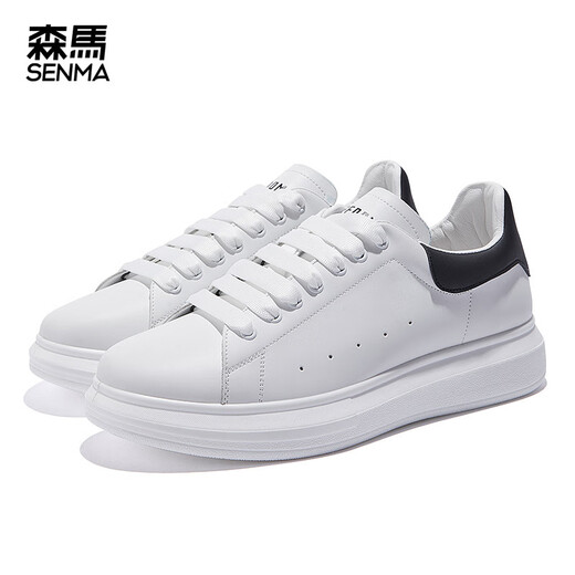 Semir 2025 new board shoes white shoes men's thick sole casual trendy leather surface solid color breathable men's shoes versatile sponge cake 9227 white and black 40