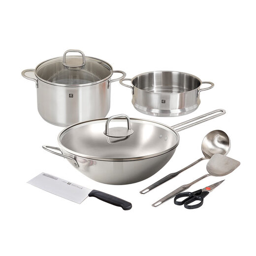 ZWILLING pot set, stainless steel wok, soup pot, steamer, kitchen knife, kitchen scissors, spatula, spoon, kitchen goodies, century-old classic second generation 7-piece set